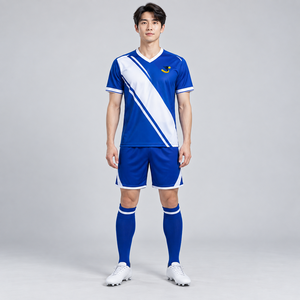 Conjunto de Uniforme de Fútbol para Hombre con Rayas Diagonales Azules y Blancas, Camiseta de Fútbol Transpirable de Poliéster, Pantalones Cortos, Uniforme Deportivo para Adultos - Product Image 4