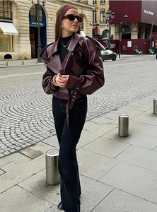 Veste moto en cuir véritable pour femme, manches longues, fermeture éclair, couleur unie, style automne, col rabattu - Product Image 2