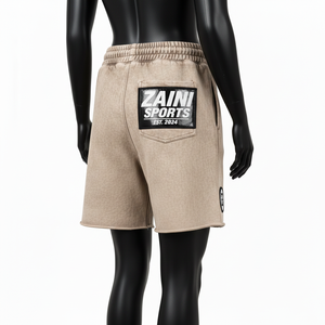 Shorts en molleton de coton premium 320 GSM, beige délavé, avec broderie de patch en chenille et logo personnalisé - Product Image 5