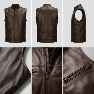 Gilet de motard en cuir véritable noir de qualité supérieure pour homme – Gilet de moto sans manches avec poches zippées et col montant - Product Image 6