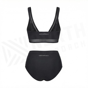 Women's Black 2 Piece <b>Bikini</b> <b>Set</b> Deep V Neck Mesh Trim High Waist Swimwear Stretch Nylon Spandex Solid Color - Product Image 2