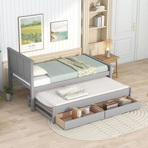 Letto a piattaforma grigio matrimoniale con letto estraibile e cassetti - Product Image 3