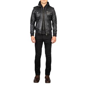 Veste en cuir pleine fleur de vache noir, style décontracté, imperméable, respirante, coupe-vent, avec poignets en tricot côtelé, pour homme - Product Image 2