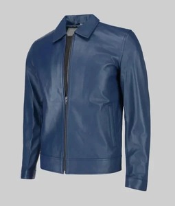 Veste en cuir bleue pour homme, col rabattu, fermeture éclair, style décontracté, vêtement d'automne - Product Image 2