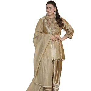 Nuevo Conjunto Salwar Dupatta de Seda Georgette con Diseño de Cuello Moderno y Tradicional Indio, Semibordado, Hasta la Rodilla, para Mujer - Product Image 1