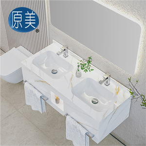 Mueble de Baño Moderno de Pared con Lavabo de <span class=keywords><strong>Roca</strong></span> de Pizarra, Mueble de Lavabo de Lujo para Hotel con Iluminación LED, Nicho y Toallero - Product Image 3