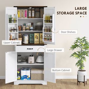 Armadio da Cucina Bianco Alto 180 cm con 6 Ripiani Regolabili e 2 Ante Scorrevoli, Dispensa Stile Rustico con Cassetto - Product Image 4