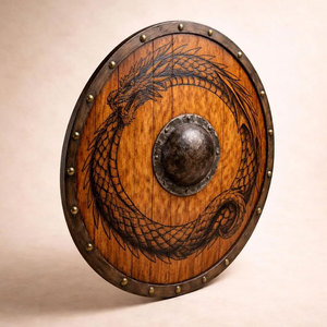 Bouclier rond en bois Viking artisanal, style nordique traditionnel, pour exposition historique et décoration intérieure - Product Image 1