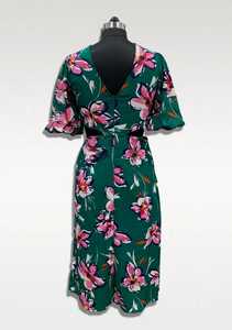 Floral Print V-Neck Midi <b>Dress</b> With Flutter Sleeves <b>A</b>-<b>Line</b> Casual Summer <b>Dress</b> Green Pink <b>Pattern</b> Woven Fabric - Product Image 2