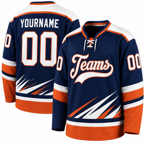 Maillot de hockey sur glace personnalisé bleu marine et orange, uniforme d'équipe à manches longues, respirant, séchage rapide, maillot de match, fabrication OEM - Product Image 4