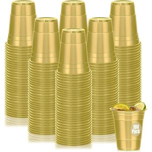 Confezione da 100 Bicchieri Monouso in Plastica Dorata Resistente da 16 oz per Feste, Matrimoni, Compleanni, Lauree, Bicchierini, 100% Plastica, 100% Riciclabile - Product Image 1