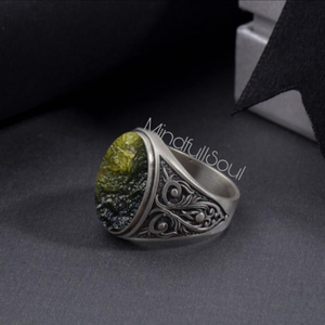 Premium Raw Moldavite Gemstone <b>Ring</b> | 925 Sterling Silver Men's <b>Ring</b> | Certified Natural <b>Crystal</b> Boho Statement Jewelry | 2026 - Product Image 1