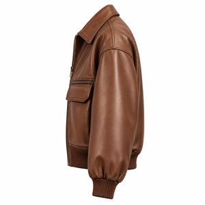 Blouson Bomber Homme Marron en Cuir Véritable Respirant Coupe Slim Col Rabattu Fermeture Éclair Manches Classiques Automne Décontracté - Product Image 4