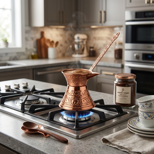 Cezve en cuivre pur fait main, style calice évasé, gravée, avec longue bec et poignée plate en métal gravé, pour café turc et Briki grec - Product Image 5