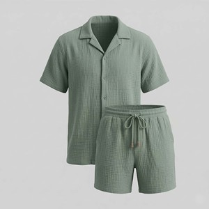 Conjunto de Ropa de Playa y Streetwear Transpirable de 2 Piezas para Hombre, Cuello Redondo, Corte Holgado, Felpa de Algodón 220-280gsm, Camiseta y Pantalones Cortos Casuales de Verano - Product Image 1