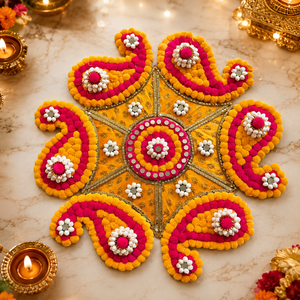 Décoration de Rangoli Diwali rose et jaune faite à la main avec pompons, motif Paisley et travail miroir pour la décoration festive de la maison - Product Image 3