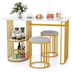 Elegante Set da Pranzo Europeo con Piano in Finto Marmo, 2 Ripiani e Sgabelli Imbottiti - Product Image 1