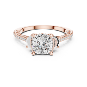 Anillo de Compromiso Art Deco de Lujo con Tres Piedras de Moissanita Corte Cojín, Acento Lateral de Media Luna, Chapado en Oro, Acero Inoxidable para Mujer - Product Image 1