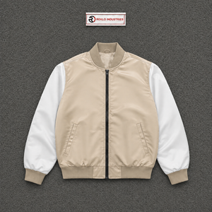 Veste universitaire en satin beige avec manches blanches, veste bomber de baseball haut de gamme pour hommes et femmes, style veste Letterman, vente en gros - Product Image 5