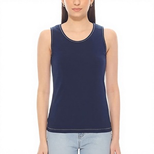 Débardeur en tricot bleu marine pour femme, col en V, décontracté, couleur unie, sans manches, longueur normale, 100% coton, séchage rapide - Product Image 3