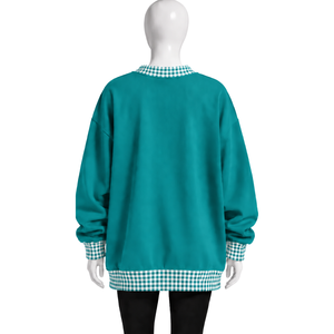 Sweat-shirt à col rond surdimensionné vert sarcelle pour homme avec bordure à carreaux vichy, manches longues, imprimé graphique, pull décontracté, streetwear - Product Image 2