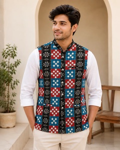 Veste Nehru traditionnelle indienne pour homme, sans manches, imprimée, avec motifs floraux argentés et motifs imprimés en forme de boîte. - Product Image 1