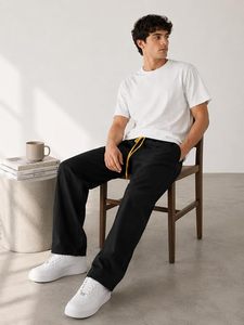 Pantalones Casuales de Mezclilla Negros para Hombre, 100% Algodón, Ecológicos, de Tiro Medio, Ajuste Holgado, con Cordón en la Cintura y Pierna Ancha - Product Image 5