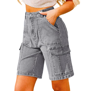 High Waist Cargo Shorts Women Gray Denim <b>Utility</b> Pocket Shorts Casual Stonewashed Cotton Regular Fit Button Fly - Product Image 4