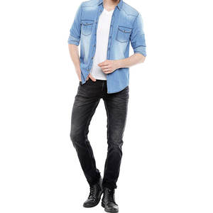 เสื้อเชิ้ตเดนิมแขนยาวสำหรับผู้ชาย ทรงลำลอง สีอ่อน ผ้าฝ้าย 100% ระบายอากาศได้ดี สไตล์คนเมือง รับผลิตตามแบบ OEM สำหรับส่งออก - Product Image 1
