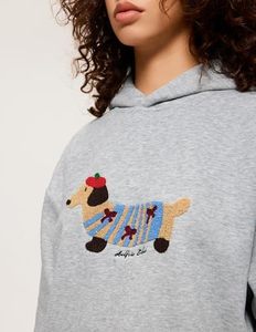 Sweat-shirt à capuche unisexe surdimensionné gris avec motif de teckel brodé, design décontracté pour l'automne, coupe ample, poche, tricoté, 100% coton - Product Image 3