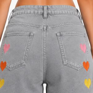 <b>Light</b> Gray <b>Rainbow</b> Heart Embroidered Women Denim Shorts High Waist Casual Loose Fit Rolled Hem Cotton Summer Fashion Jeans Short - Product Image 6