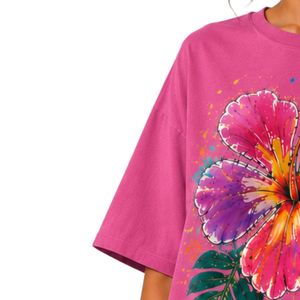 Camiseta Rosa Extra Grande para Mujer con Estampado Gráfico de Flores de Hibisco Coloridas, Camiseta Casual de Algodón para Verano, Personalizada OEM ODM al por Mayor - Product Image 3