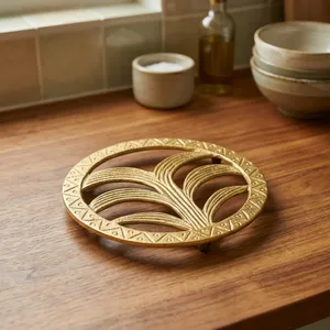 Decorative Plant Tree Design Gold Aluminium Trivet Round Metal Hot Pad Stand Heat Resistant <b>Table</b> <b>Protector</b> for Kitchen Dining - Product Image 6