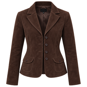 Women's Double-Breasted Genuine Sheepskin Winter <b>Blazer</b> Jacket Autumn <b>Green</b> Suede Plain Dyed Solid Pattern Windproof Button Silk - Product Image 2