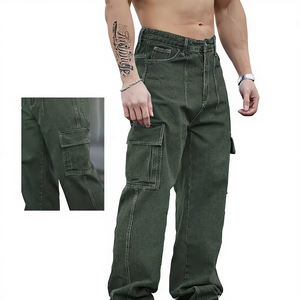 Jean cargo délavé bleu marine pour homme – Coupe droite décontractée, multi-poches, respirant et écologique – Convient à tous - Product Image 1
