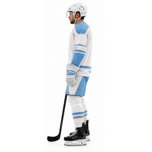 Ensemble uniforme de hockey sur glace pour homme, blanc et bleu, imprimé par sublimation, anti-humidité, manches longues, col en V, coupe régulière pour adulte, tenue de hockey sur glace - Product Image 2