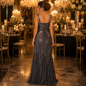 Luxury Women Black <b>Sequin</b> Evening Gown Elegant V Neck Mermaid Maxi Dress Premium Designer Party Wear Wedding Reception Formal - Product Image 3