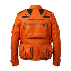 Custom <b>Mens</b> Orange Multi Pocket <b>Utility</b> Leather <b>Jacket</b> Wholesale High Quality Streetwear Outerwear Supplier OEM Manufacture - Product Image 2