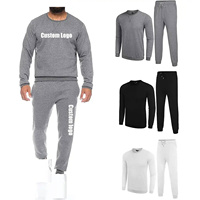 Conjunto Deportivo de Punto Negro para Hombre, Sudadera de Cuello Redondo y Pantalones Deportivos, Color Sólido Informal para Otoño