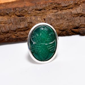 Bague en argent sterling avec onyx vert sculpté à la main, pierre précieuse ovale, bijoux bohèmes faits à la main, bague statement pour homme et femme - Product Image 1