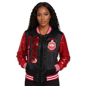 Delta Sigma Theta Black Satin Sequin Jacket for Women Comfortable Fit Premium Fabric Greek Sorority Apparel Casual Wear - Product Image 1