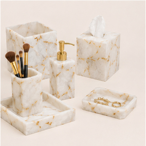 Ensemble d'accessoires de salle de bain 6 pièces en marbre blanc naturel avec pompe dorée, distributeur de savon en pierre artisanal, boîte à mouchoirs et bac à déchets - Product Image 6