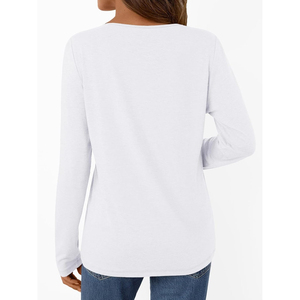 Camiseta de Manga Larga con Cuello en V para Mujer, Color Sólido, Corte Holgado, 100% Algodón, Tejido Jersey Informal, Transpirable, para Todas las Temporadas - Product Image 2