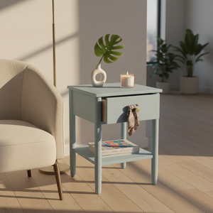 Table basse moderne bleue avec 1 tiroir, en bois d'hévéa durable et placage de chêne MDF, pour salon et chambre à coucher, décoration intérieure - Product Image 6