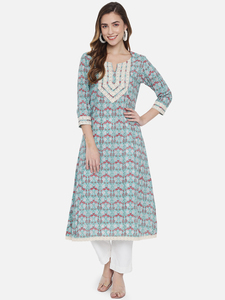 Ensemble Kurti vintage en coton à imprimé floral pour femme, col en V, manches trois quarts, robe longue trapèze avec broderie en dentelle - Product Image 1