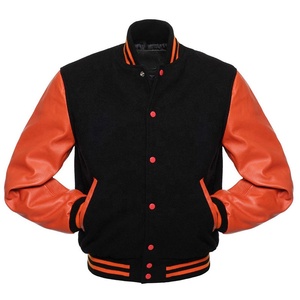 Unisex Custom Varsity <b>Jacket</b> with Stand Collar Patchwork Design Durable Stitching Wool Blend Body & Sleeves in Bold Orange - Product Image 1