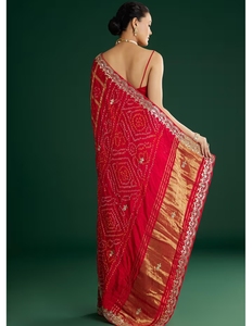 KV <b>Red</b> Bandhani With Mirror Work Designer <b>Saree</b> With Unstitched Blouse - Product Image 4