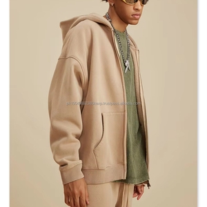 Ensemble de sweat à capuche en coton mélangé unisexe surdimensionné 355g, motif imprimé zippé personnalisé avec lavage à l'acide pour hommes, teint uni pour le printemps - Product Image 4