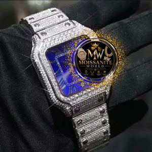 Montre à quartz pour homme ornée de pierres avec accents de moissanite, bracelet en acier inoxydable haute brillance et boîtier au design audacieux - Product Image 1
