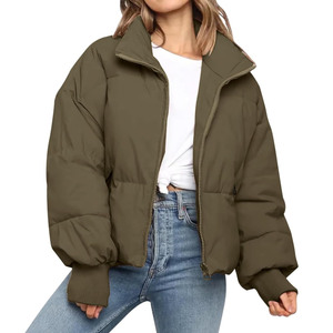 Women's Olive Green <b>Waterproof</b> Canvas <b>Coat</b> Regular <b>Length</b> Stand Collar <b>Full</b> Sleeve Zipper Closure Casual Winter Outerwear - Product Image 1